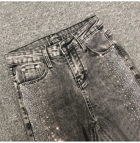 Fashion Rhinestone Jeans Female High Waist Slim Pencil Pants