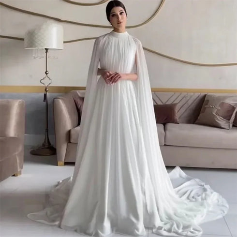 Wedding Dress Cap Sleeves High Neck Chiffon A-Line Bridal Gown with Sweep Train Elegant Minimalist