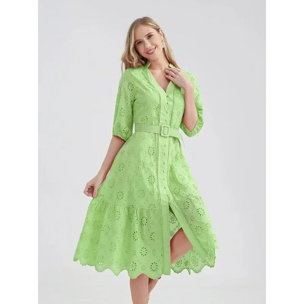 Cotton V-Neck Hollowed Out Bubble Sleeves Dress with Embroidery