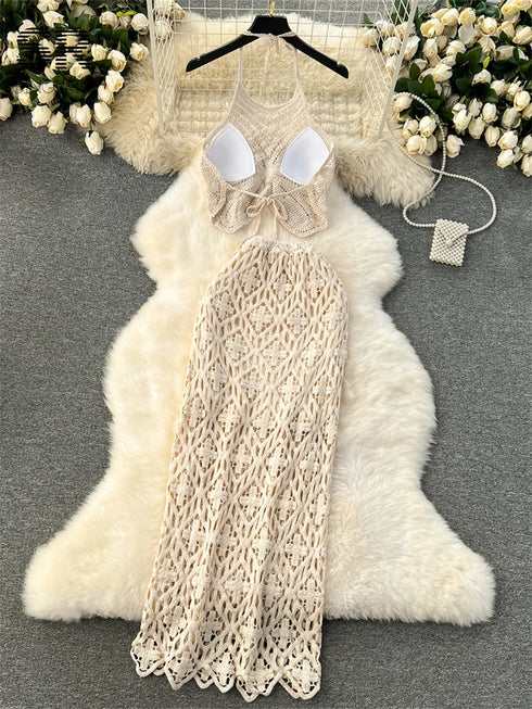 Elegant Women's Backless Two Piece Knit Set: Halter Camisole and Ankle-Length Skirt for Stunning Summer Outfits Inspo