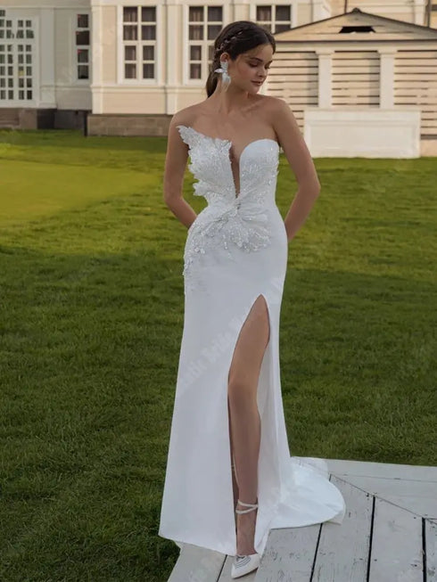 Celebrity Satin Mermaid Women Bridal Gowns Floral Print Wedding Dresses