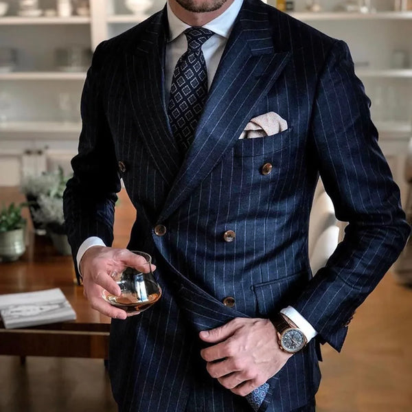 Navy Blue Striped Men's Suit Formal Double Breasted Blazer and Pants Set