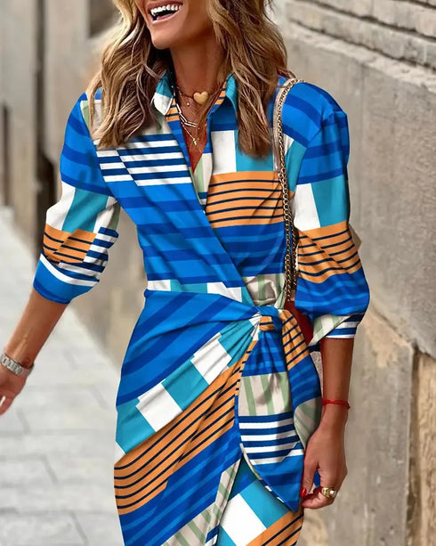 Fashion Printed Midi Dress for Women with Turn-Down Collar and Lace-Up Detail