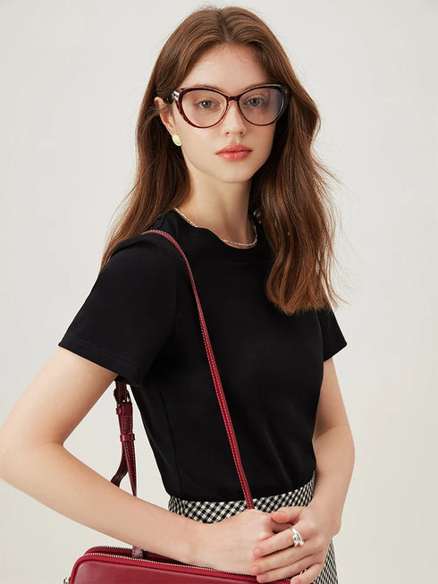 FSLE【4 Colors】Women Round Neck Casual Grey Summer T-Shirt Black Cotton Square Neck Short Sleeve Elastic Tees 24FS12797+24FS12798