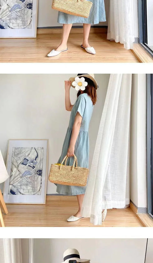 Loose Fit Slimming Cotton Linen Dress for Women Summer Plus Size Mid-Length Skirt