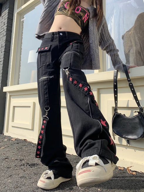 Gothic Y2K Baggy Jeans for Women - Trendy Black Denim Straight Leg Trousers for Hip Hop and Harajuku Styles, Perfect for Fall Outfits and Streetwear Fashion