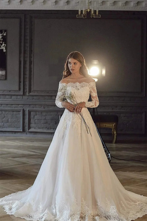 Vintage Off The Shoulder Long Sleeves Lace Applique A Line Wedding Dresses Sweep Train
