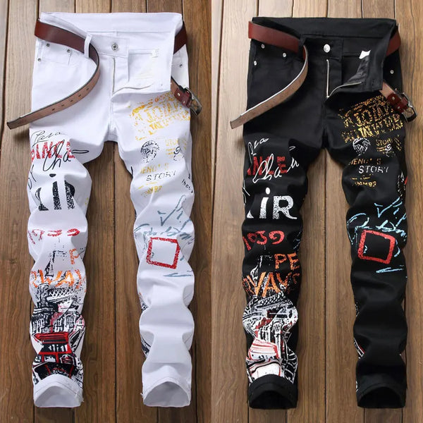 Punk-Inspired Slim Fit Printed Jeans for Men - Stylish Casual Night Club Denim Pants Perfect for Hip Hop and Trendy Looks