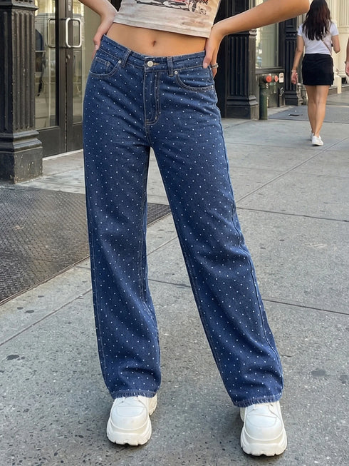 Baggy Dot Print Jeans For Women, Casual Wide Leg Denim Pants With Pockets, Low Rise Comfort Fit