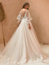 Tulle Wedding Dress With Long Puff Sleeves And Sheer O-Neck Appliques Floor-Length A-Line Bridal Gown