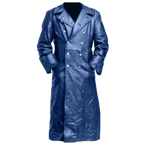 Double-Breasted Faux Leather Trench Coat with Pockets for Men - Y2K Vintage Gothic Long Sleeve Outwear, Casual Medieval Style Jacket
