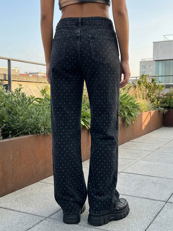 Dot Print Baggy Jeans For Women With Pockets Casual Wide Leg Denim Pants Perfect For Everyday Wear