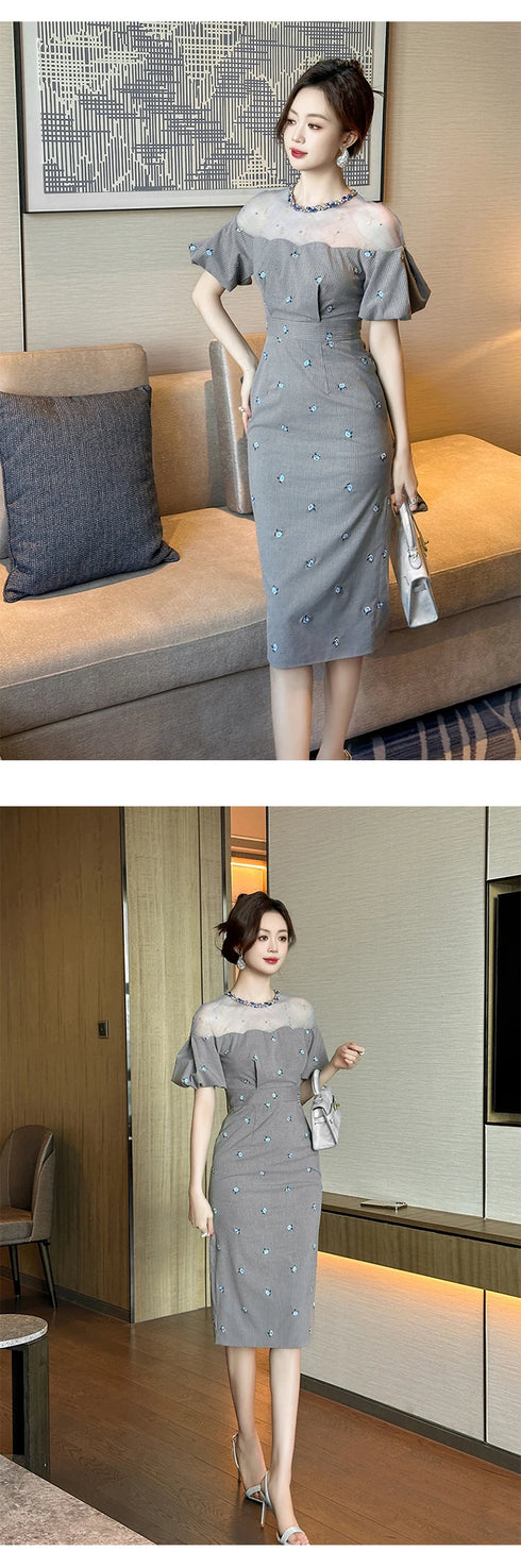 Work Style Striped Floral Formal Occasion Dress Women Clothes
