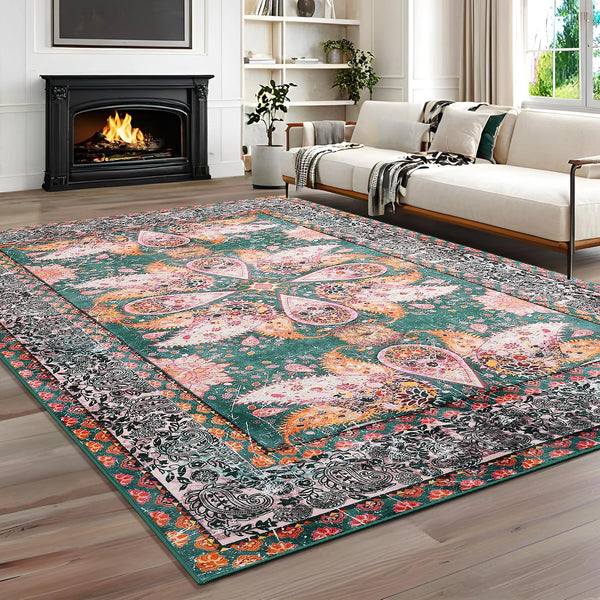 Washable Vintage Floral Rug Non Slip Faux Wool Area Rug for Living Room and Bedroom Decor