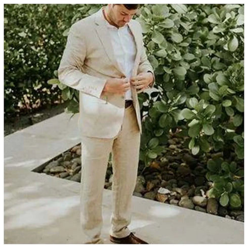 Chic Linen Suits for Men Casual Flat Front Single Breasted Blazer and Pants Outfit