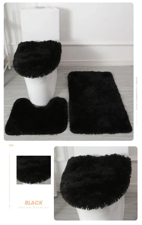3 Piece Solid Color Bathroom Carpet Set Non-Slip Toilet Lid Cover Rugs Kit