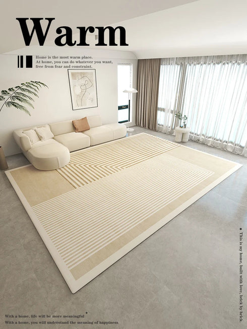 Minimalist Beige Art Stripe Carpet Soft Large Area Rug for Bedroom and Living Room Decor