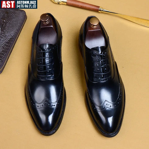 Genuine Cow Leather Brogue Oxford Shoes for Men Vintage Handmade Casual Flats