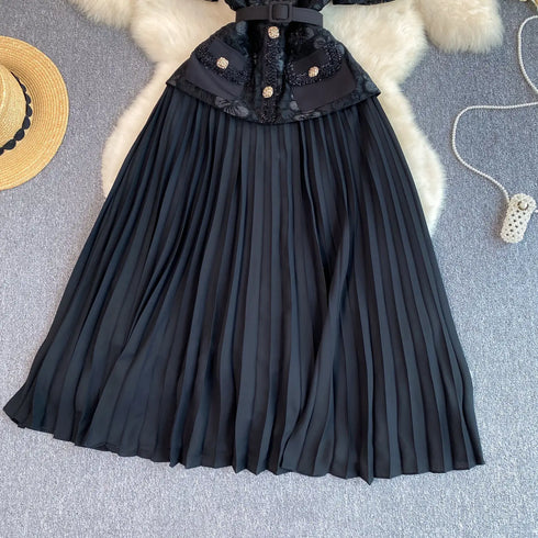 Runway Spring Pleated Chiffon Lace Party Long Dress Midi Dresses
