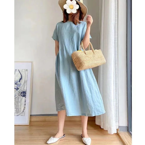 Loose Fit Slimming Cotton Linen Dress for Women Summer Plus Size Mid-Length Skirt