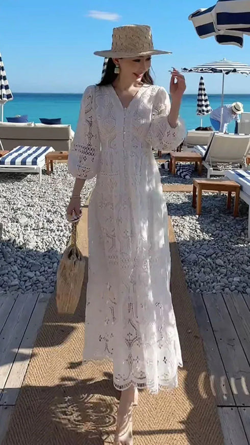 Elegant Embroidery White Lace Long Dress for Women Evening Occasion