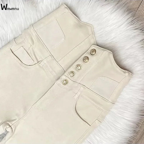Beige Super High Waist Pencil Jeans Women Korean Slim Denim Pants