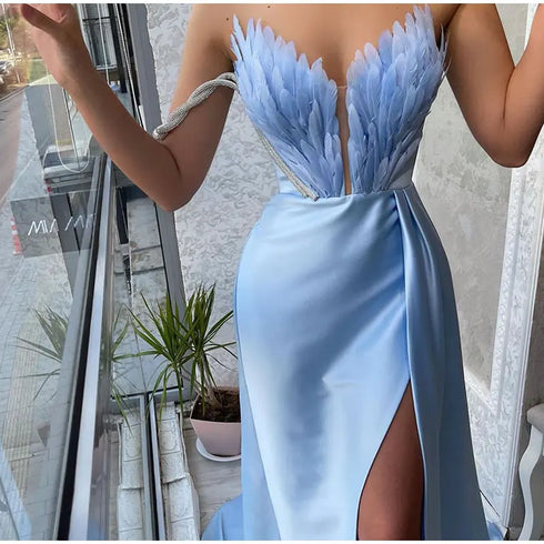 White Angel Feather Dress Luxury Design Women's Off Shoulder Elegant Long Dress for Parties and Weddings