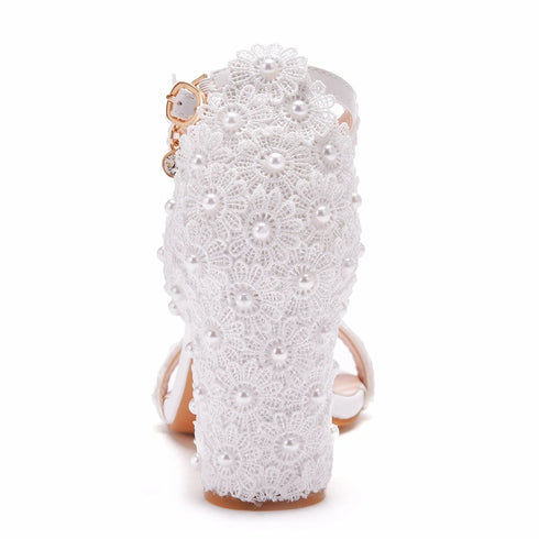 Elegant Pearl Lace Bridal Sandals with 7CM Thick Heels for Women
