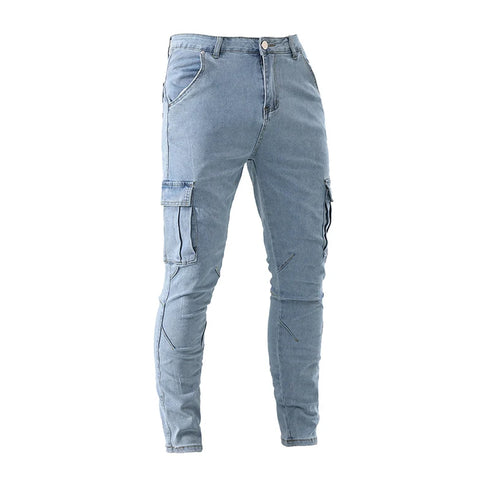 Men's Fashion Elastic Slim Fit Cargo Denim Pants Multi Pockets Casual Skinny Trousers