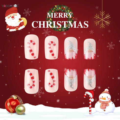 Festive Gnome and Snowflake Print Short Square Press-On Nails with Glossy Sequins and Charms for a Stunning Christmas Manicure Experience