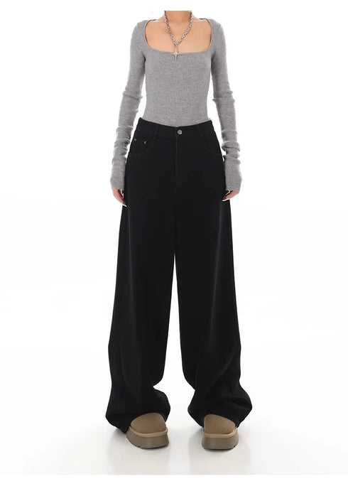 Stylish Wide Leg Black Jeans for Women - Embrace Korean Fashion Streetwear with Baggy Straight Denim Pants Perfect for Fall Outfits and Casual Days