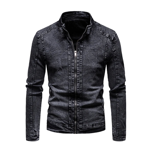 Men's Retro Slim Fit Jean Jacket with Stand Collar for Autumn and Winter - Stylish Casual Motorcycle Outerwear