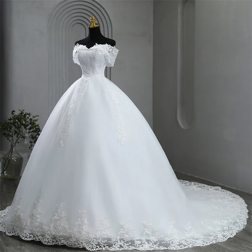 Plus Size White Wedding Dresses Off The Shoulder Wedding Gowns Elegant Long Appliques Pearls Bridal Dress