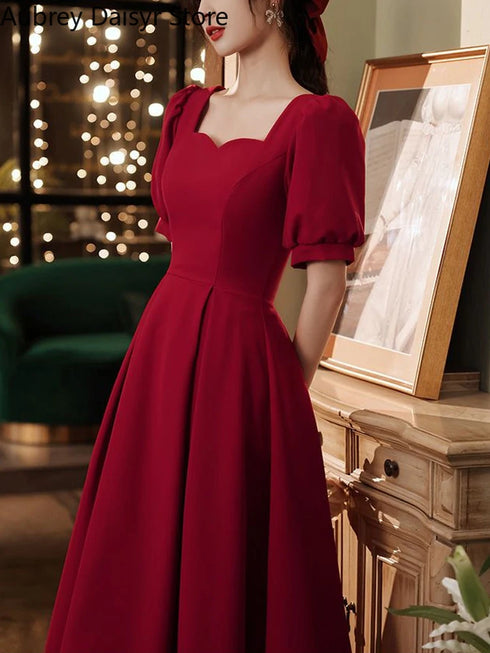 Elegant Red Midi Dress Women Summer Vintage Evening Party Dress Casual Fashion Formal Occasions One Piece Dress