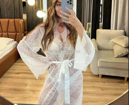 Lace Wedding Robe Floor Length Long Sleeve Bridal Gown For Honeymoon And Wedding Day