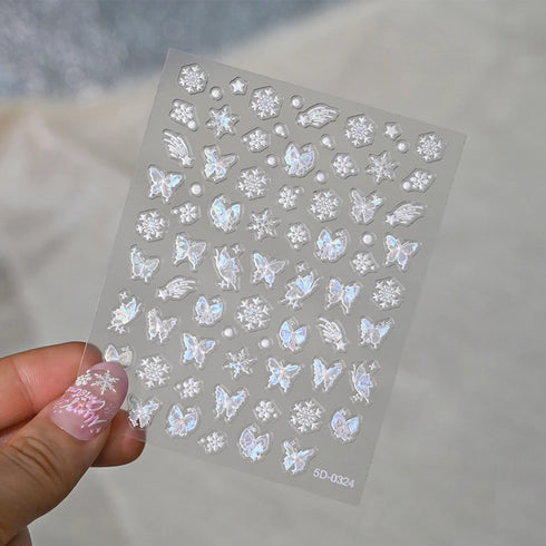 Adorable Pink Christmas Nail Art Stickers with Shiny Shells, Cute Snowflakes, Stars, and Wreaths - 5D Embossed Nail Decorations for Festive Nail Designs