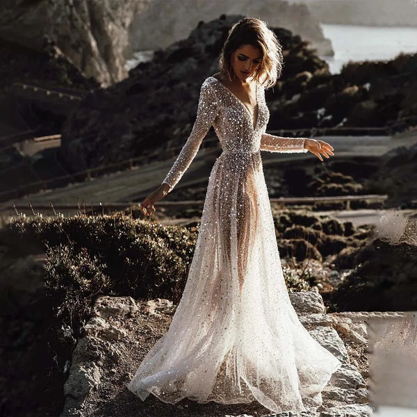 Stunning Beaded Sequined Long Sleeve V Neck Wedding Dress Elegant Evening Gown