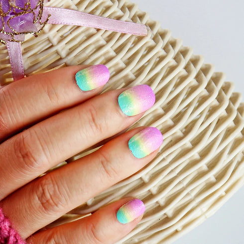 Sparkling Purple Glitter Kids Press-On Nails - 24-Piece Gradient Fake Nail Art Tips for Short Full-Cover Fun and Creative Nail Designs for Girls