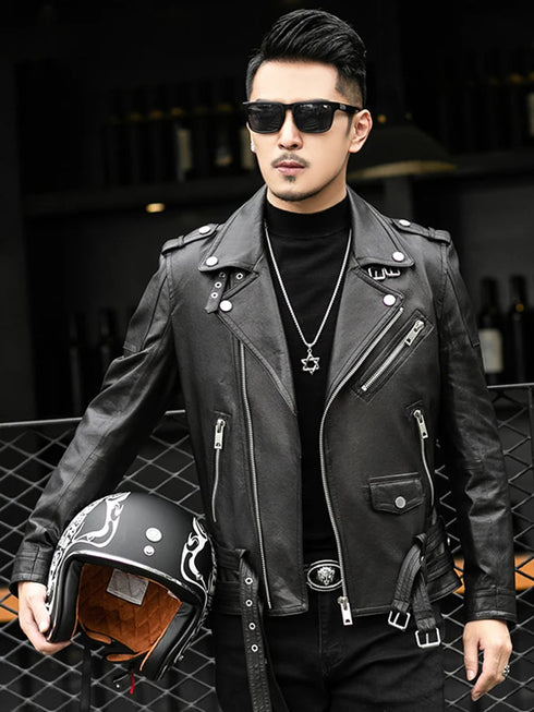 Men's Slim Fit Motorcycle Bomber Leather Jacket with Turn Down Collar and Zipper Pockets for Autumn and Winter Styling