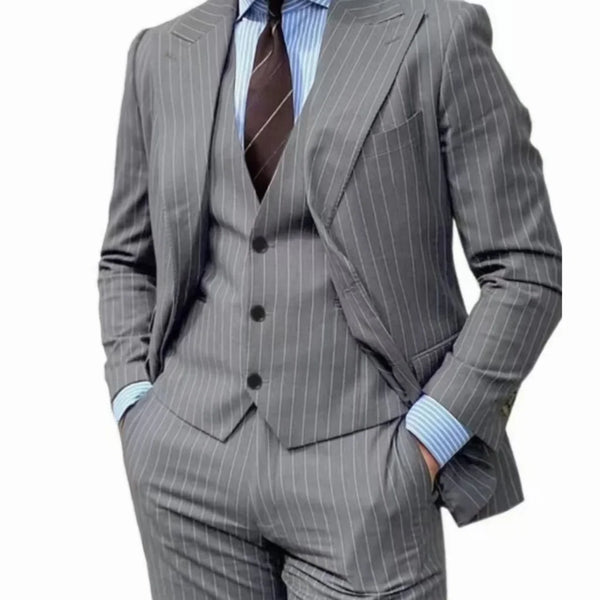 Elegant Slim Fit 3-Piece Pinstripe Men's Suit with Blazer, Vest, and Pants for Wedding and Ceremonies