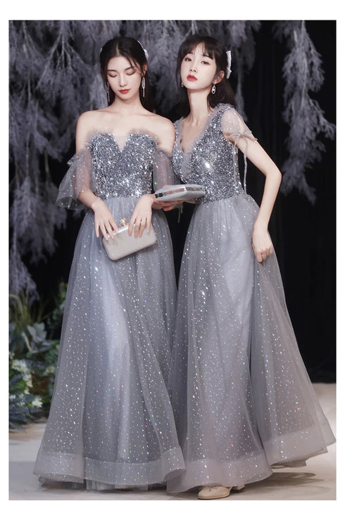 Off Shoulder Lace Illusion A Line Dress Floor Length Glitter Tulle Bow Bridesmaid Dress