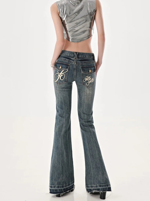 Vintage Y2K Inspired Low Waist Flare Jeans for Women - Perfect for Fall Outfits and High Street Style with Embroidery and Distressed Details
