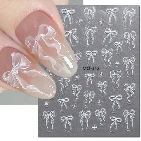 5D Embossed Nail Art Stickers - Semi-Transparent White Bowknots Adhesive Sliders for Creative Manicure Decorations and Nail Art Accessories
