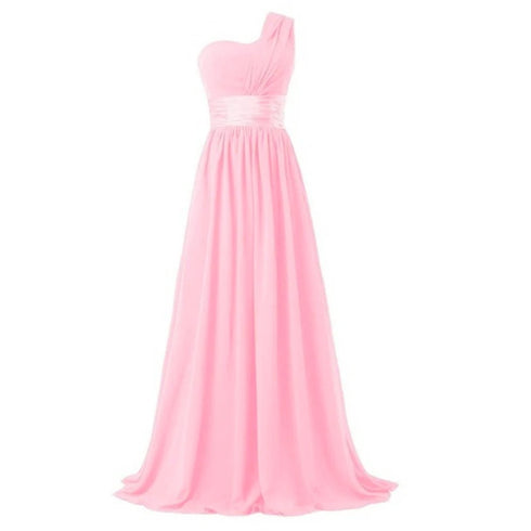 Bridesmaid Dress A Line Chiffon One Shoulder Pleated Back Lace Up Floor Length Wedding Dress