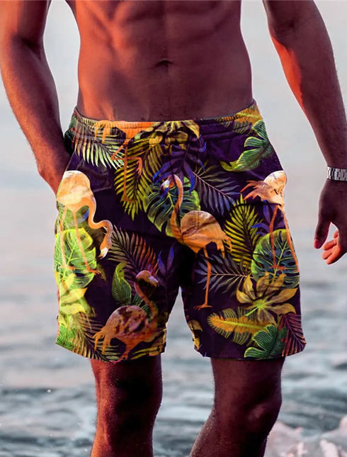 Men's Swim Shorts Drawstring Leaf Flamingo Quick Dry Trunks
