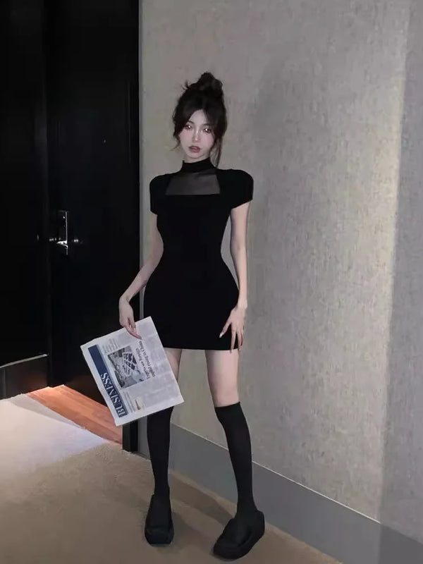Korean Style Sexy Slim Fit Mesh Patchwork Round Neck Dress