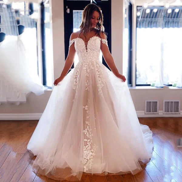 Off The Shoulder Wedding Dresses Appliqued Lace Gowns Boho Bridal Dress