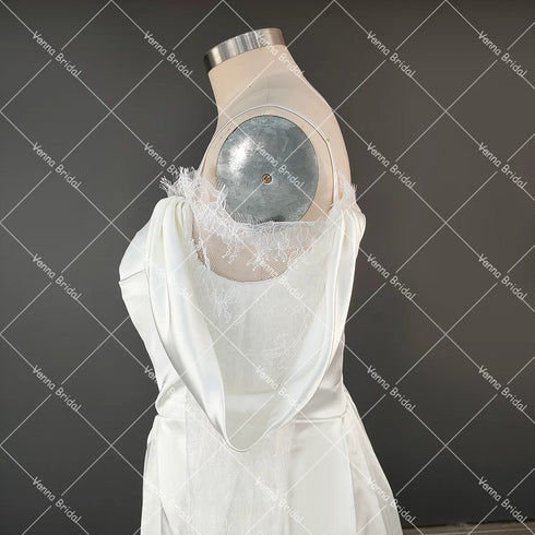 Customized Illusion Tulle Off Shoulder Lace Wedding Gowns A Line Long Sleeves Ruched Satin Bridal Dress