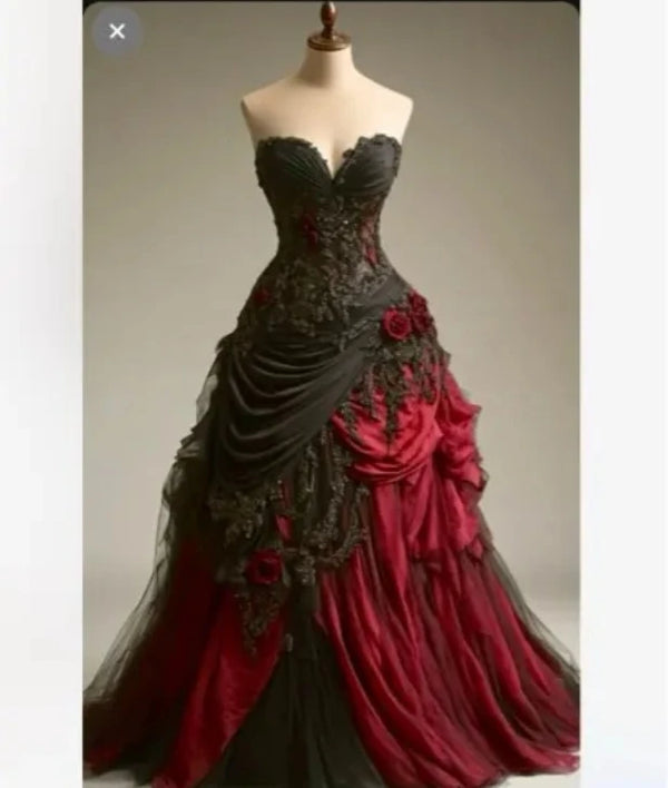Gothic Dark Red And Black Wedding Dress Sleeveless Long Ruched Bridal Gown With Lace Appliques