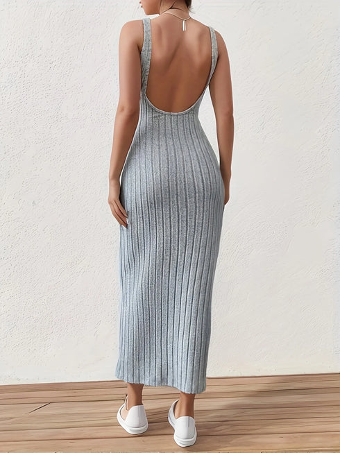Solid Backless Tank Dress for Women - Summer Sleeveless Knitted Midi Dress
